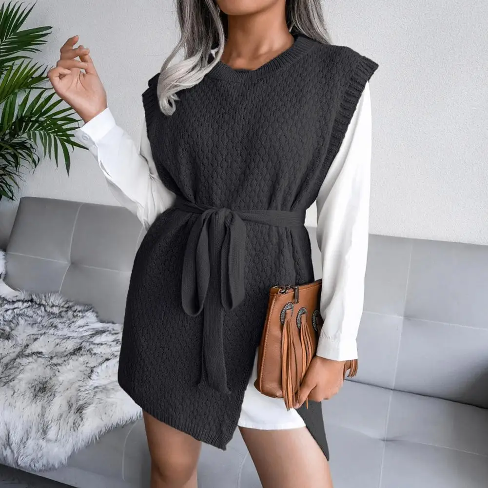 

Mini Sweater Dress Sleeveless Women Vest Lace-up Slit Sweater Vest