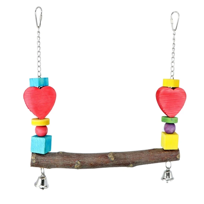 

Colorful Wood Blocks Bird Perch Natural Wooden Parrot Swing Stand Cage Hanging Bells Toys for Conure