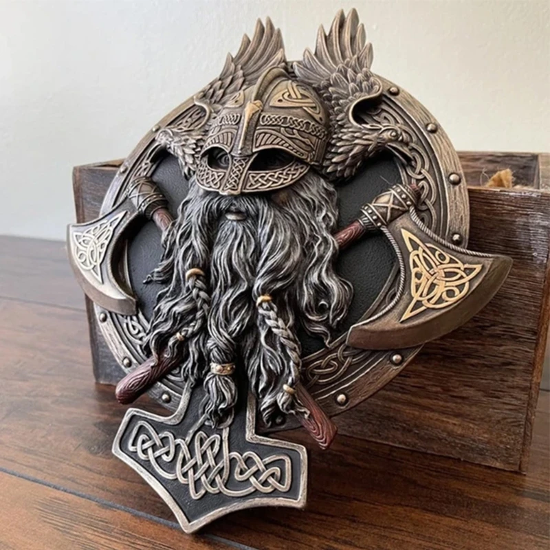 

Vintage Plaques Wall Decorative Classical Viking Crazy Warrior Double Axe Resin Ornament figurines for interior Home Decoration