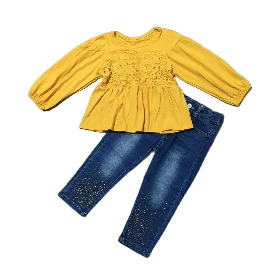 

Girlymax 2 Colors Long Sleeve Woven Smocked Solid Top Wine Mustard Baby Girls Denim Jeans Pants Set Kids Clothing