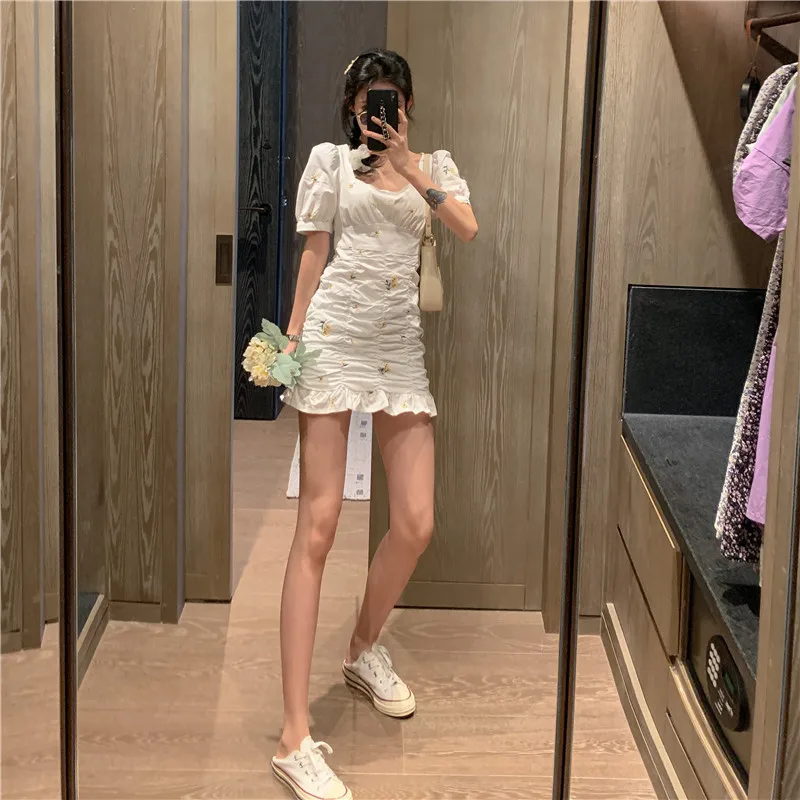 

Elegant White Package Hips Women Dress Fashion Floral Fold Square Collar Short Sleeve Summer Dress Plus Size Slim Casual Vestido