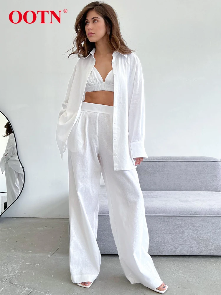 

OOTN White High Waist Pants Suits Cotton Linen Khaki Crop Top Vest Loose Lapel Shirts Wide Leg Pants 3 Piece Sets Autumn 2023