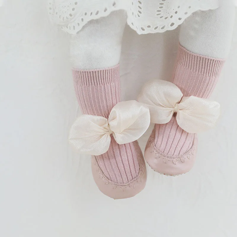 Autumn and Winter 2022 New Baby Floor Shoes and Socks Korean Princess Bowknot Baby Toddler Shoes and Socks with Leather Soles