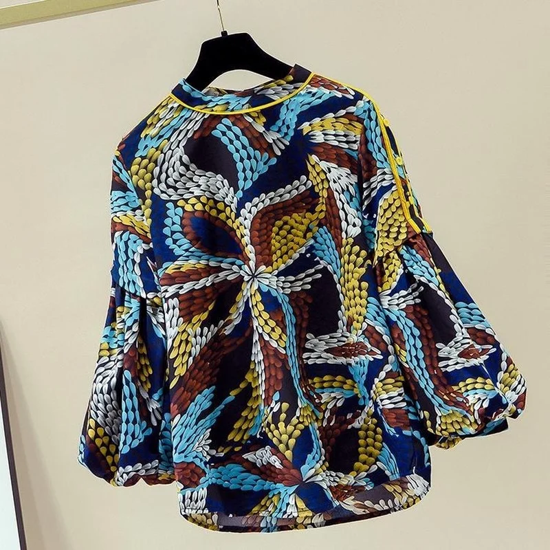 

Новинка 2022, весенние женские шифоновые блузки, Свободная шифоновая рубашка с принтом, блузка с длинным рукавом, женские рубашки для ожирени...