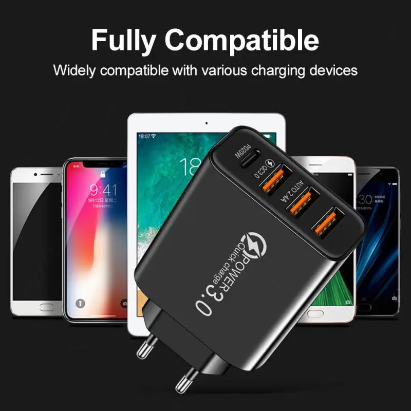 

New Quick Charge A+C Charger Euro Standard 3USB+ Type-C Multi-port Mobile Phone Travel Charger Universal Fast Charging Adapter