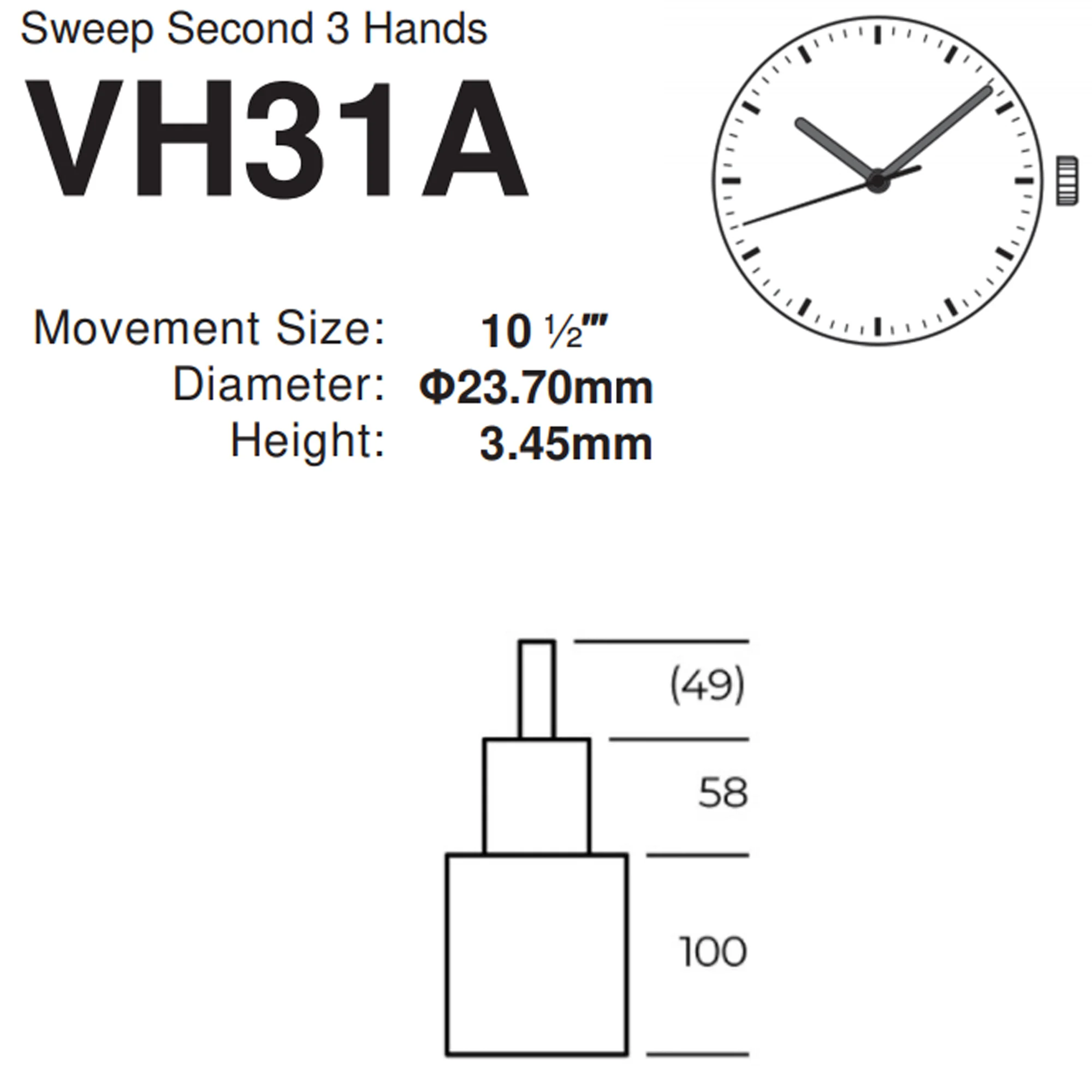 VH31  Sweep Second 3 Hands japan quartz movement TMI  TIME MODULE movement VH31A 110 ½ ligne Quartz Movement Three Hands(1/4 Cen