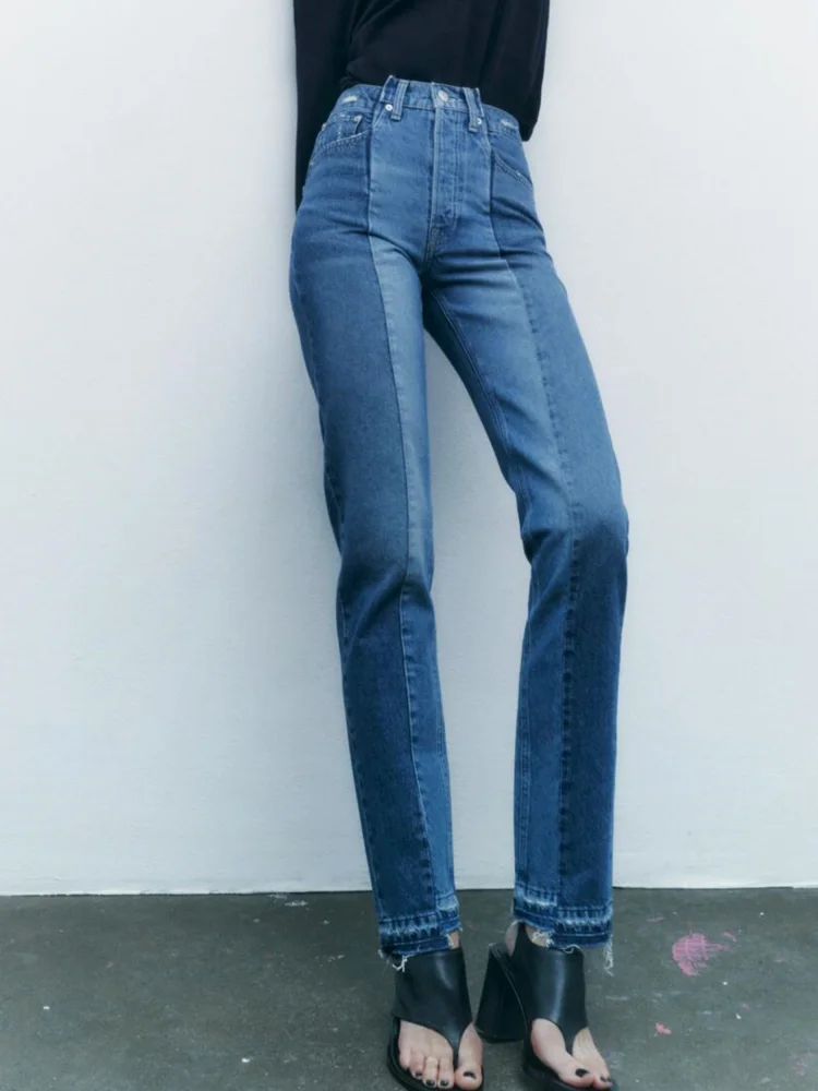 

TAOP&ZA 2023 Women's Clothes New Asymmetric Contrast Color Denim Mid-waist Straight Leg and Ankle Jeans Female 9863058