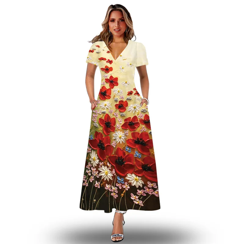 

Woman Vintage Long Dress Summer Casual Beach Holiday V Neck Vestidos Party Elegant Slim Sleeveless Print Dresses Women