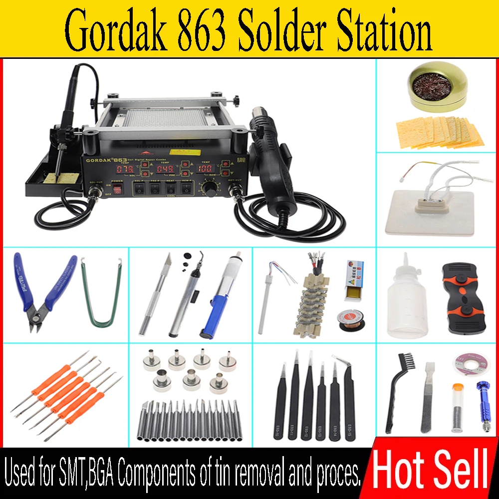 

Gordak 863 3 in 1 Hot Air Heat Gun BGA Rework Solder Station Electric Soldering iron with blow dryer IR Infrared Preheating Stat