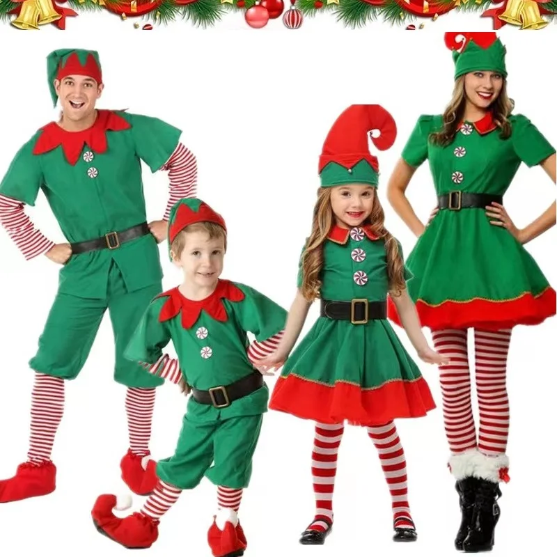 4PCS Christmas Family Matching Outfits Xmas Mommy and Me Cosplay Dresses Clothes Father Son Tops+Pants with Hat Belt Shoes/Socks