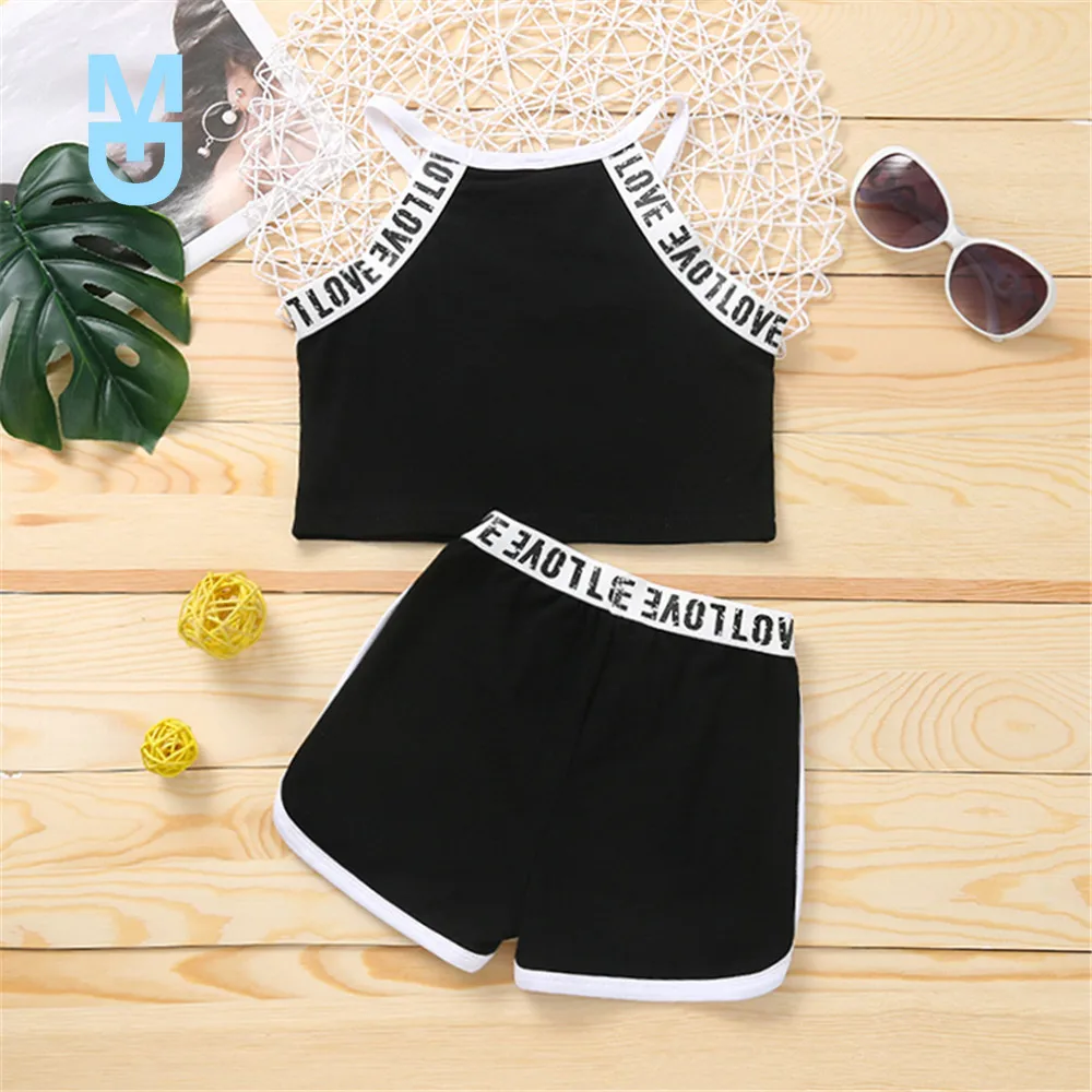 

New Baby Camisole + Shorts, Letter Print Elastic Waist Sport Style Cool Summer Clothing 18M-6T