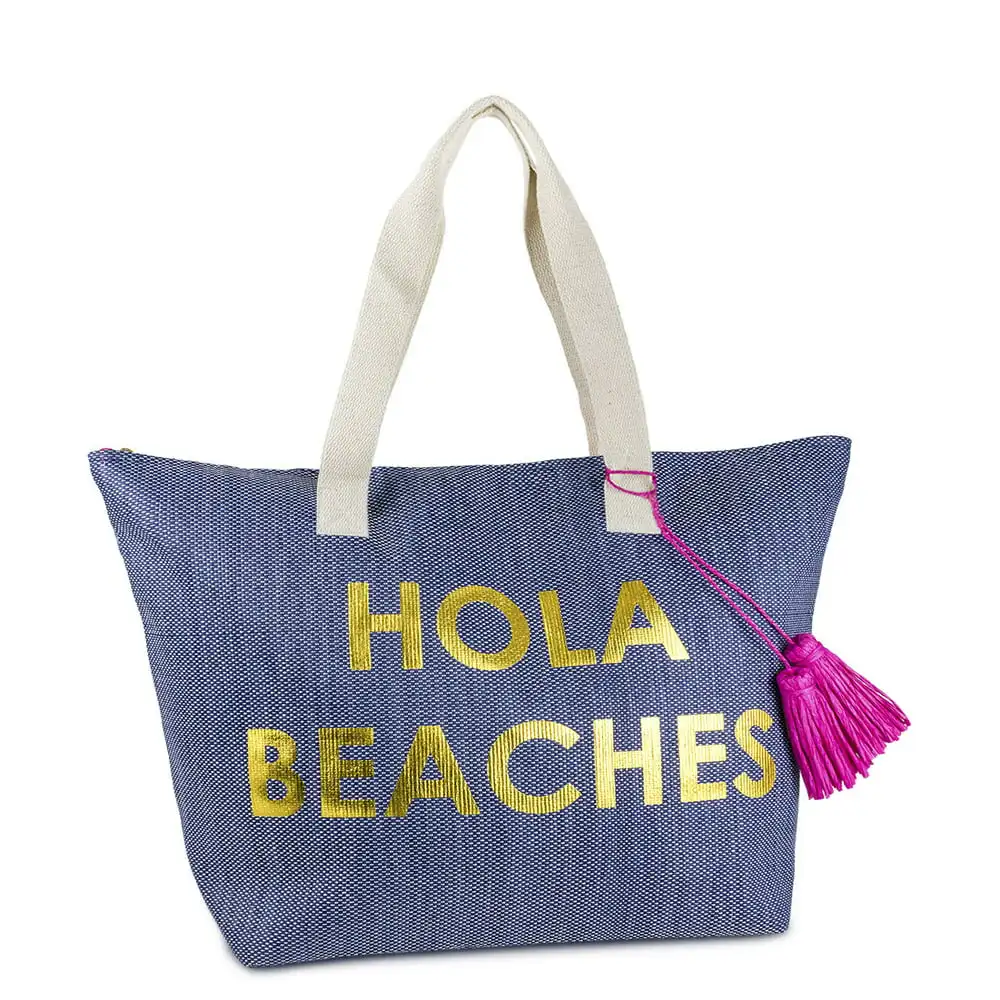 

Women`s Hello Beaches Denim Insulated Paper Straw Tote Bag with Metallic Writing Tassels and Double Flat Handle