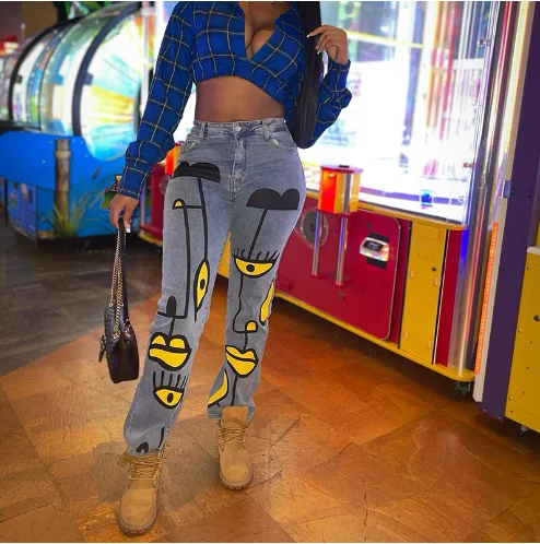 

Женские узкие эластичные джинсы с принтом, лето 2022