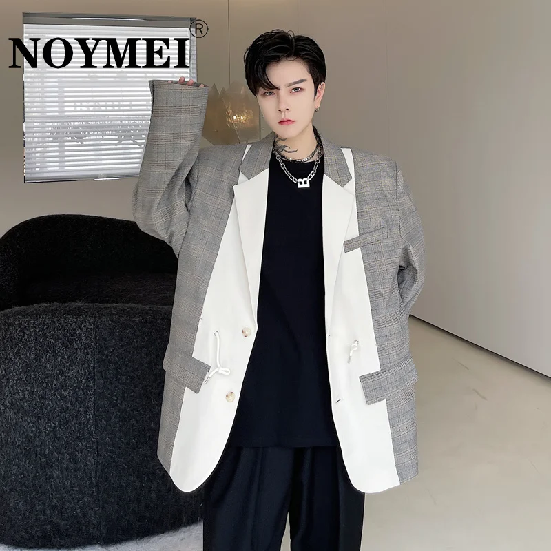 

NOTMEI Blazer 2023 Autumn Winter Plaid Pattern Patchwork Contrast Color Waist Drawcord Label Men Suit Coat Single Breasted WA868