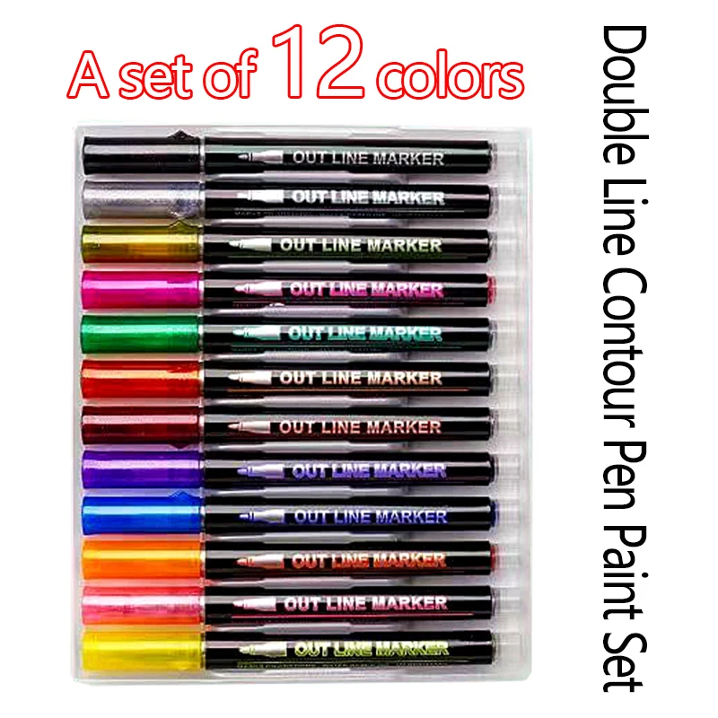 12 Double-Line Outline Pens Set 12-Color Art Marker Pastel Quick-Drying Pigment Large-Capacity Flash Painting Writing Stationery