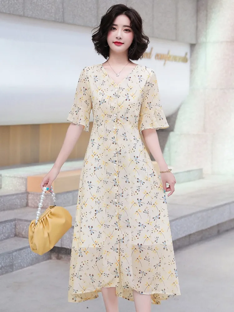 

Vintage Single-breasted V-neck Collar Ruffles Half Sleeve Dress Women 2022 Summer Ladies Fashion Elegant Slim Floral Print Dress