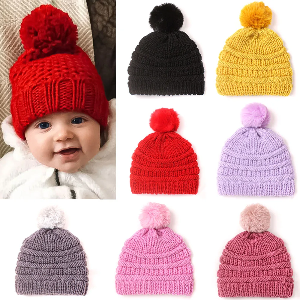 

Зимняя теплая шапка детские трикотажные шапки с большим помпоном для новорожденных мальчиков и девочек, однотонная детская Милая вязаная ш...