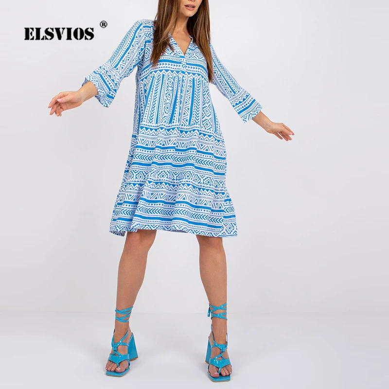 

Fashion Flare Sleeve A Line Dress Female Summer New Elegant Geometric Print V Neck Vestidos Women Loose Casual Mid Home Dresses