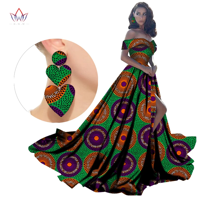 BintaRealWax African Women Dresses with Earring Bazin Off Shoulder Clothing Dashiki Floor-Length Dress for Female WY2734-1