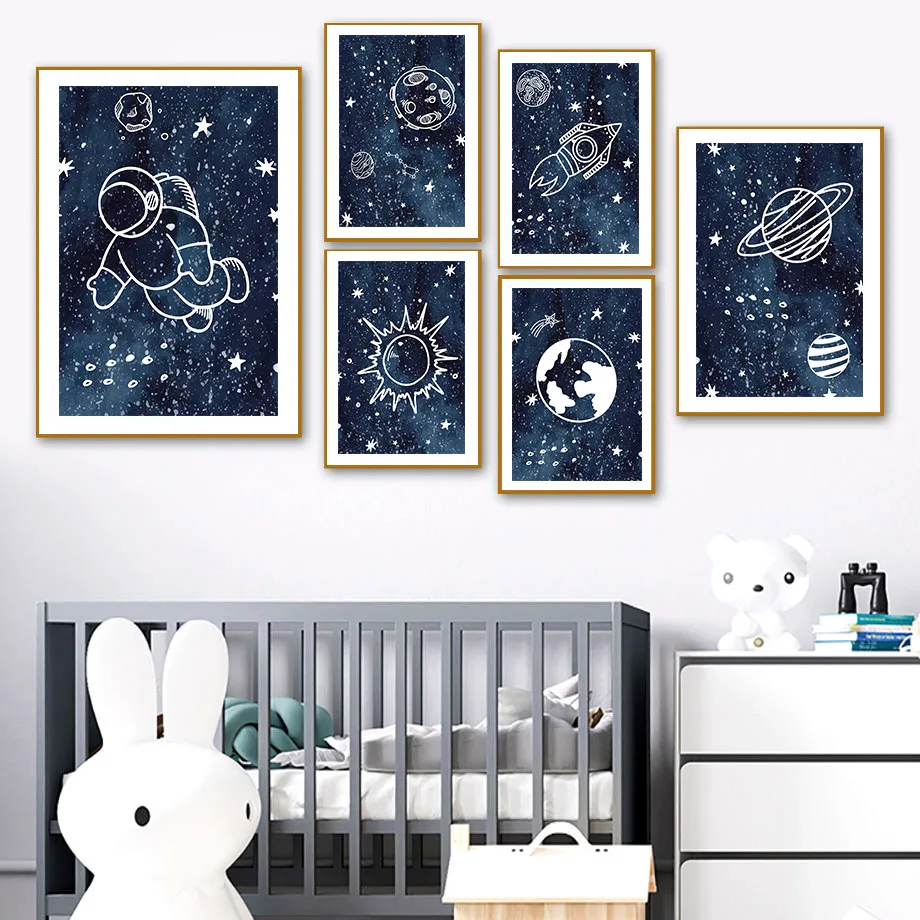 

Cartoon Space Astronaut Rocket Planet Star Nordic Nursery Wall Art Canvas Painting Posters And Prints Pictures Kids Room Decor