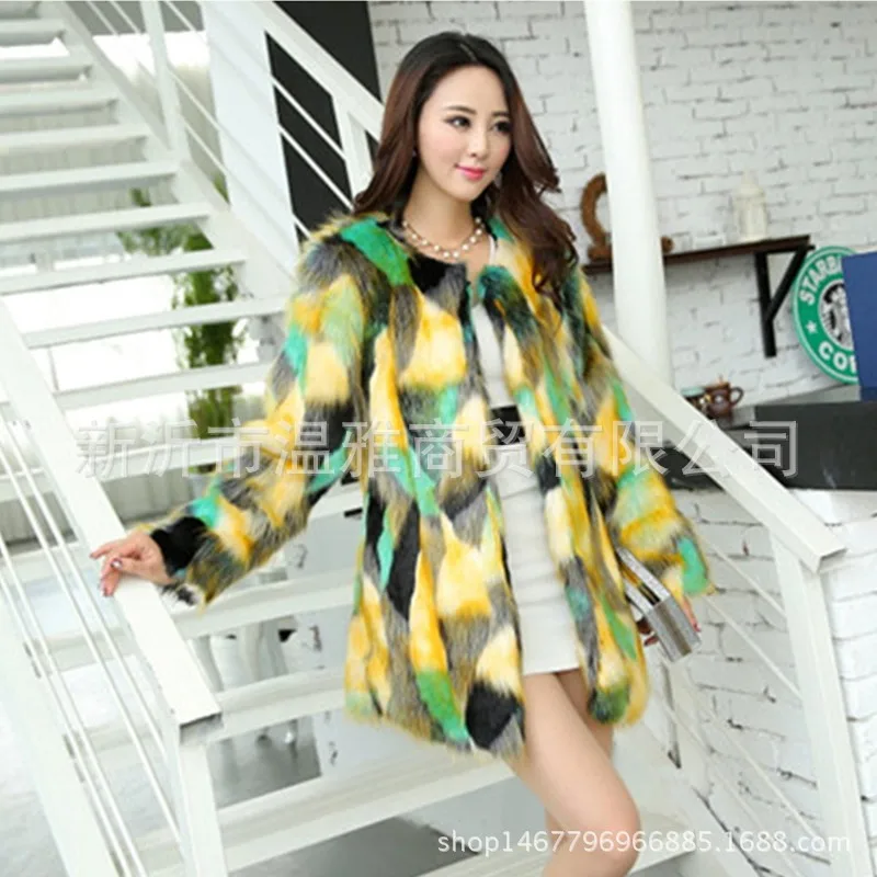 Winter Fashion Warm Multicolor Jacquard Medium Long Women Faux Fur Coat