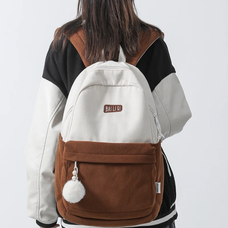 

Cute Corduroy Woman Backpack School Bag For Teenage Girls Boys Luxury Harajuku Patchwork Color Student Lady Large Book Bag Pack