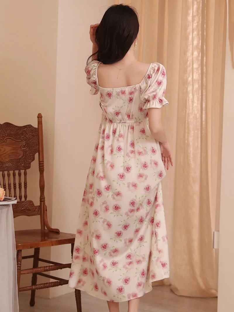 French Princess Nightgowns Pajamas Sleepwear Women Silk Summer Short Sleeve Lace-up Rose Printed Fairy Ruffles Sweet Night Dress