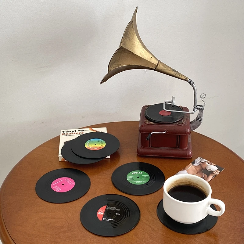 

2/4/6pcs Retro Vinyl Record Cup Coaster Anti-slip Coffee Coasters Heat Resistant Music Drink Mug Mat Table Placemat Home Decor