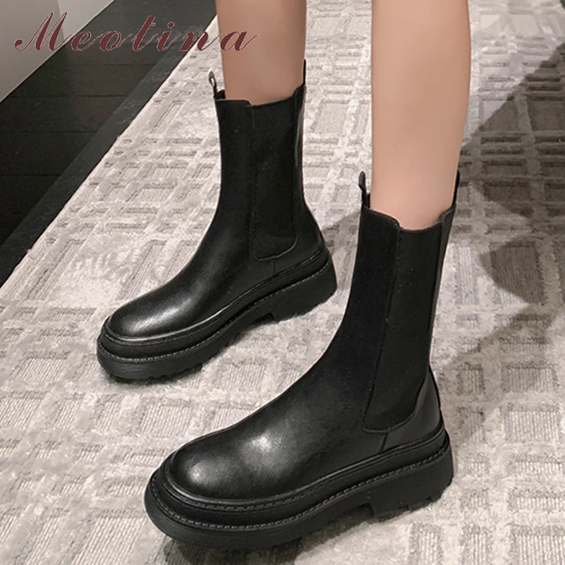 

Женские ботильоны челси из натуральной кожи Meotina, модные короткие ботинки на платформе и блочном каблуке, с круглым носком, Осень-зима