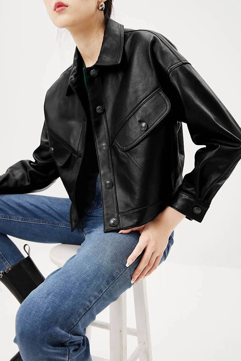 2022 NEW High Street Sheepskin  Real Leather Jacket Women  Single Breasted  High Street  Pockets  Autumn/Winter Crop Top