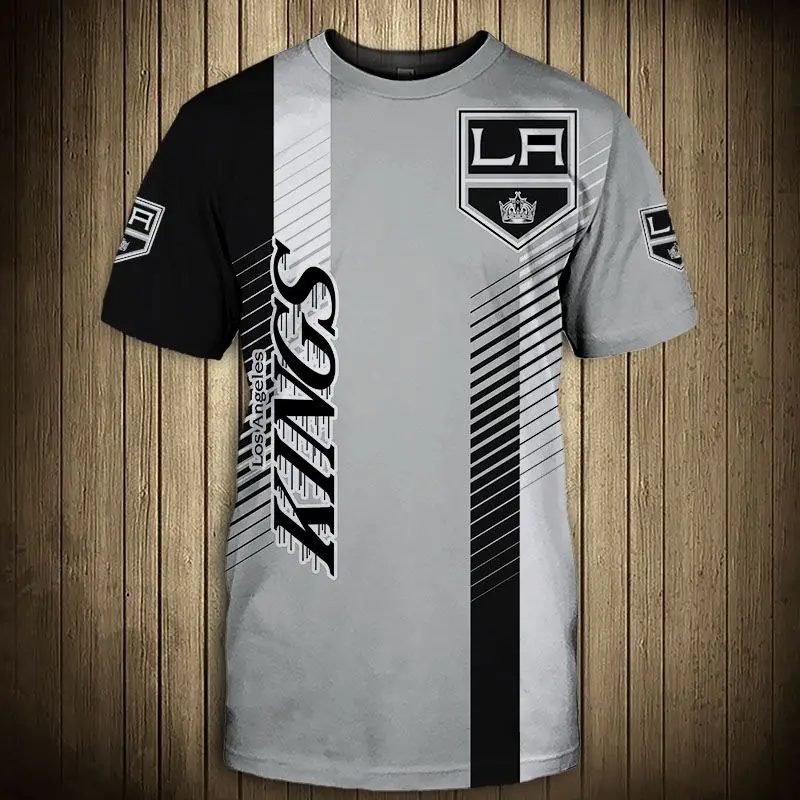 

Los Angeles Fashion Casual Men Kings t-shirt Striped Stitching Design Silver Crown Print Cool Tops