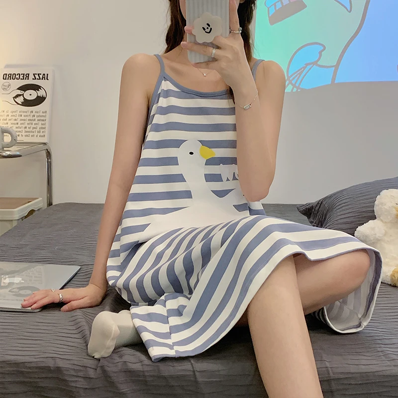 CAIYIER Korean Women Nightdress Summer Sling Sleeveless Sleepdress Cute Cartoon Stripe Print Female Nightgowns Casual Home Dress