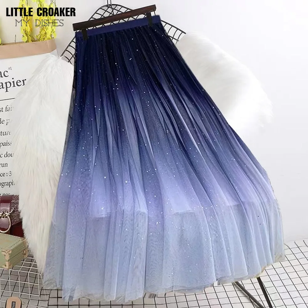 

Bling Bling Fairy Starry Metallic A-line Long Gauze Tulle Gradient Color Lush Puff Maxi Long Mesh Skirts Gothic Clothes Women