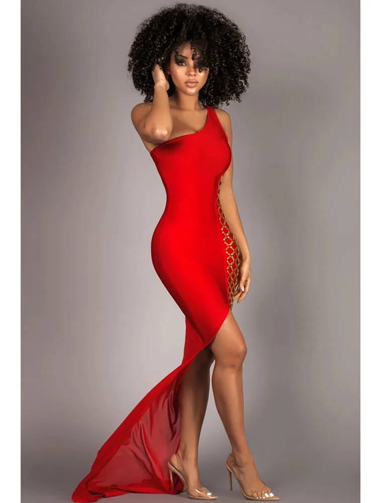 

Женское длинное платье на одно плечо, Красное Облегающее элегантное вечернее платье из вискозы, новое дизайнерское модное платье, 2022