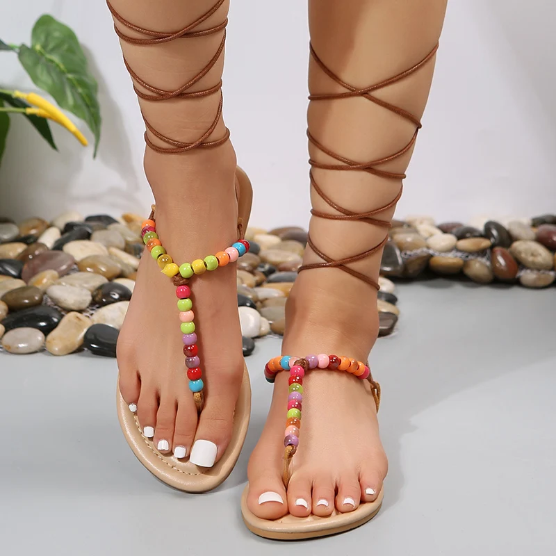 

Bohemian Style Flat Sandals Women Summer 2023 Beading Clip Toe Beach Shoes Woman Plus Size 43 Soft Sole Gladiator Sandalias