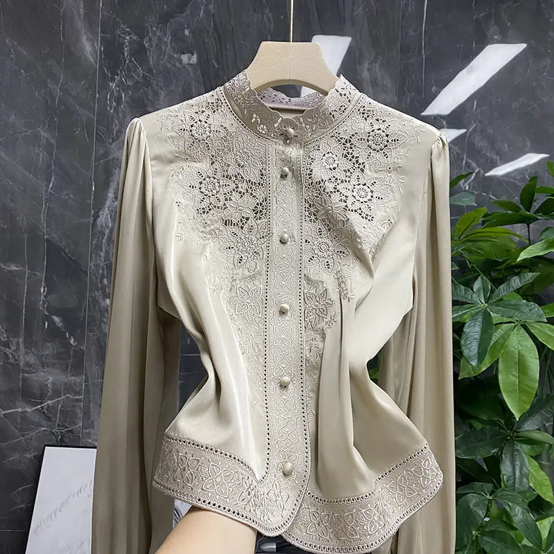 

Blouse female European and American embroidery stand-up collar long-sleeved heavy imitation silk mulberry shirt women autumn
