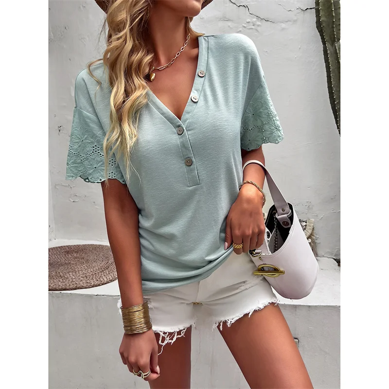 

Women V Neck Short Sleeve Blouse Floral Lace Crochet Patchwork Tops Summer Solid Casual T-Shirt Tee