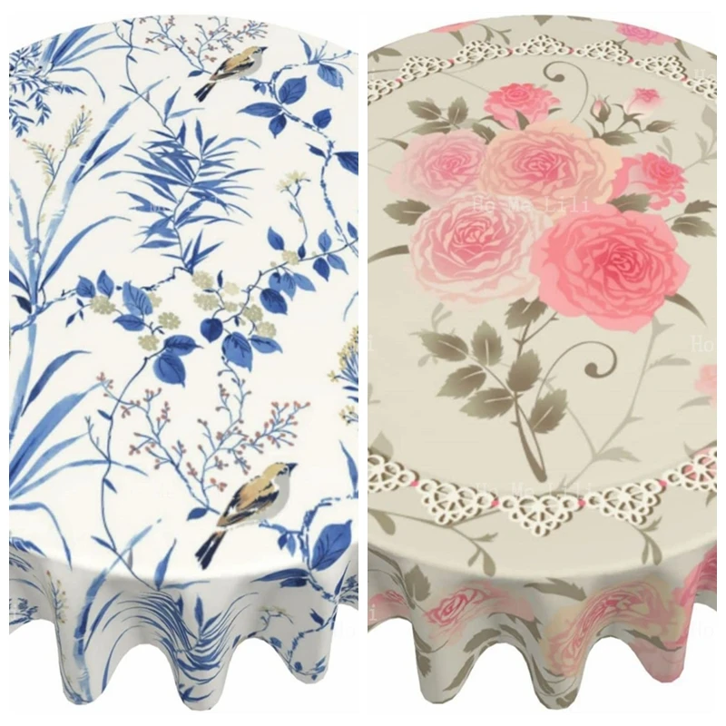

Vintage Rose Blue Floral Round Tablecloth Wrinkle Free Flower Suitable For Kitchen Decorantion Indoor And Outdoor Dining Party