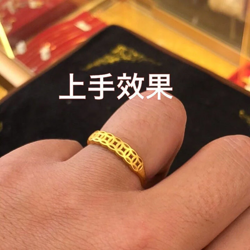 

Pure Copy Real 18k Yellow Gold 999 24k Ring Colorfast Female Opening Adjustable Copper Coin Inside and Outside Color Index Finge