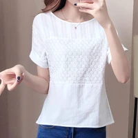 cotton top womens bottoming shirt summer dress 2022 new short sleeved hollow round neck t shirt loose white ladies t shirt