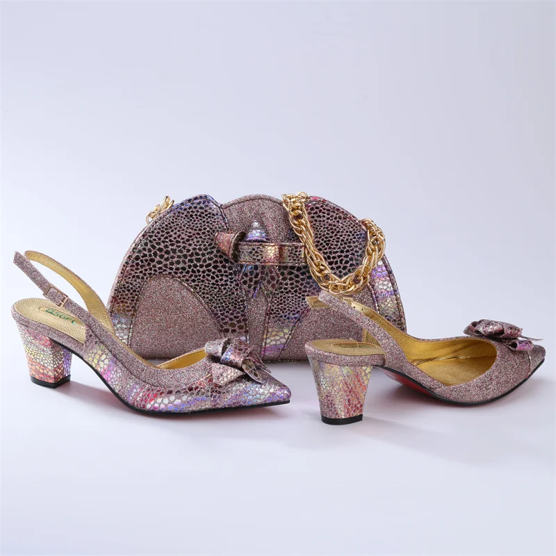 

LLING 2022 New Arrival Fashion Rose Gold Elegant Party Wedding Ladies Shoes and Bag Set in Synthetic Flash Material
