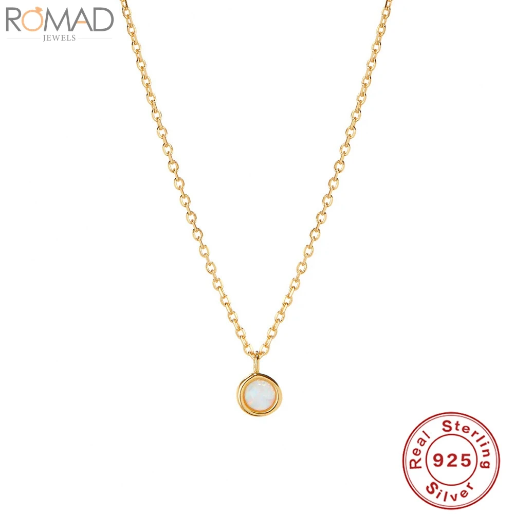 

ROMAD Real Plata 925 Sterling Silver Simply Small Round Opal Pendant Necklace for Women 18k Gold Color Chain on Neck Fine Jewel