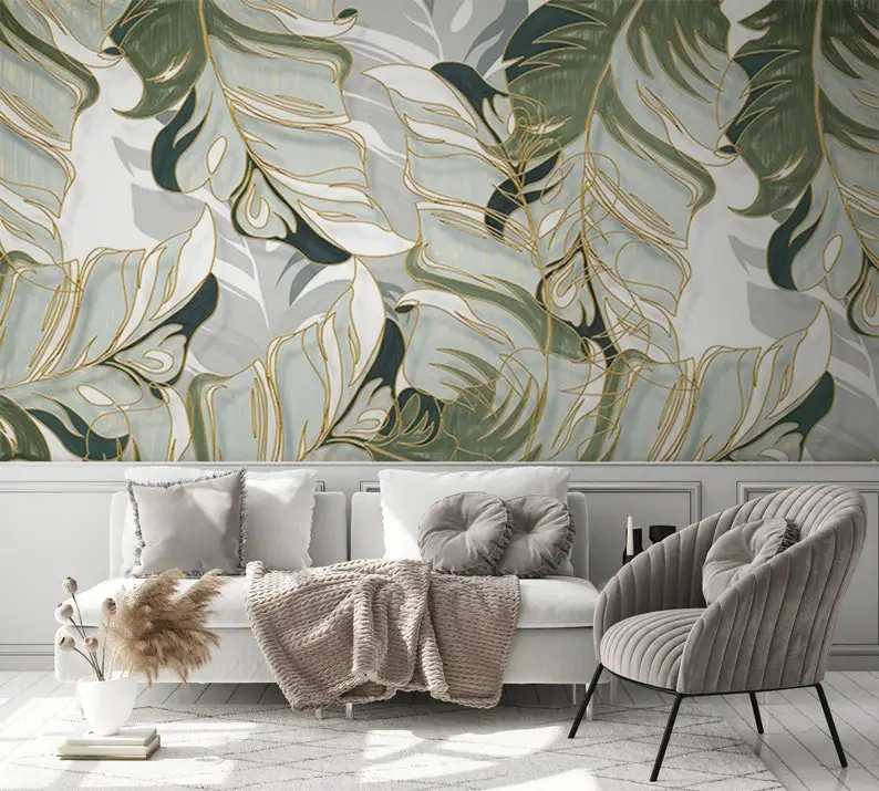 

Gray White and Light Green Watercolor Exotic Leaves Wallpaper Self Adhesive Peel and Stick Wall Mural Wall Decoration Removable