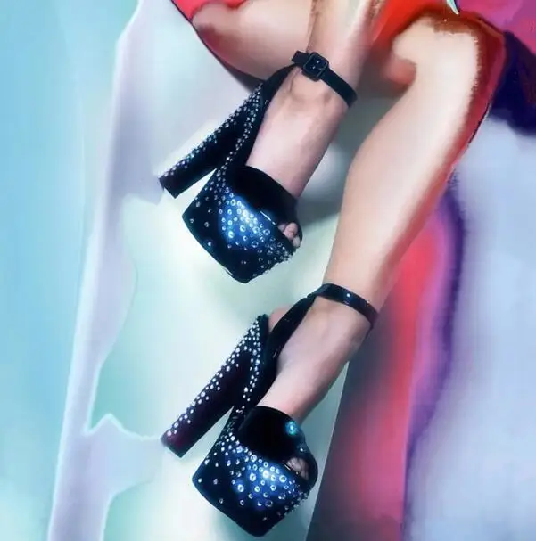 

Черные, золотые, блестящие, искусственные, на платформе, с открытым носком, летние сандалии с ремешком на пятке, женские сексуальные, на квадратном массивном каблуке 17 см, женская обувь