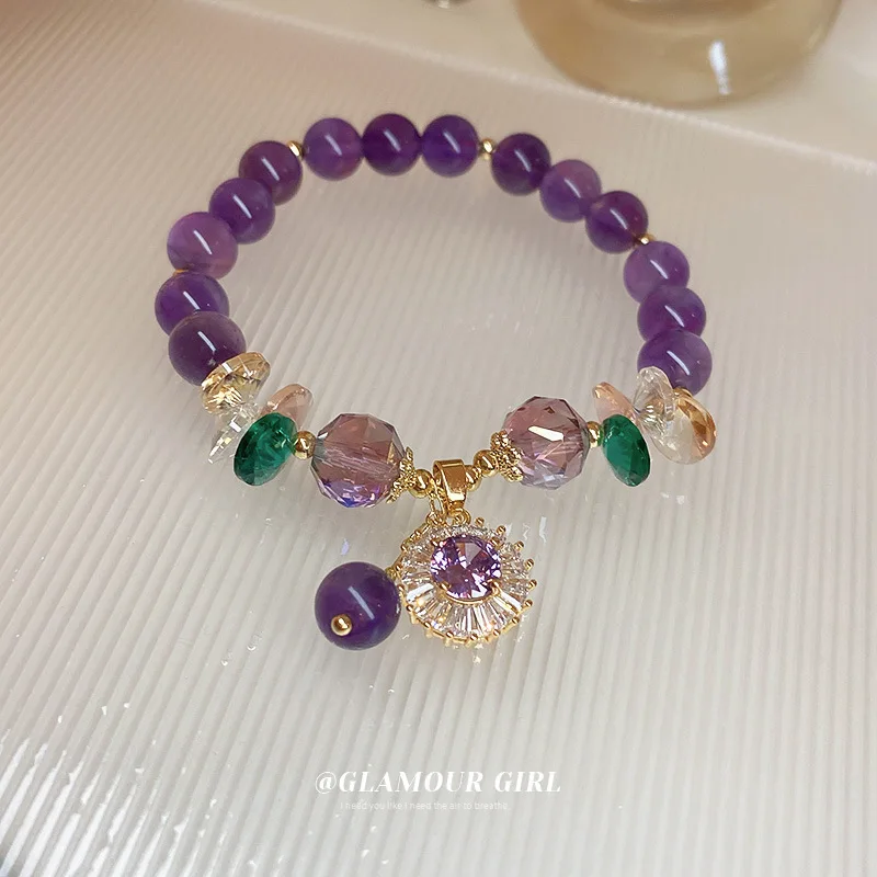 

Minar Sweet Purple Color Crystal Irregular Stone Beaded Bracelet for Women Shiny CZ Cubic Zirconia Flower Charm Bracelets Gift