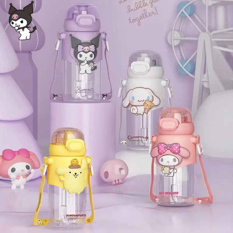 

600Ml Hello Kitty Sanrio Large Capacity Water Bottle Kawaii Kuromi Cinnamoroll Clear Kettle with Straw Portable Cup Girl Gift