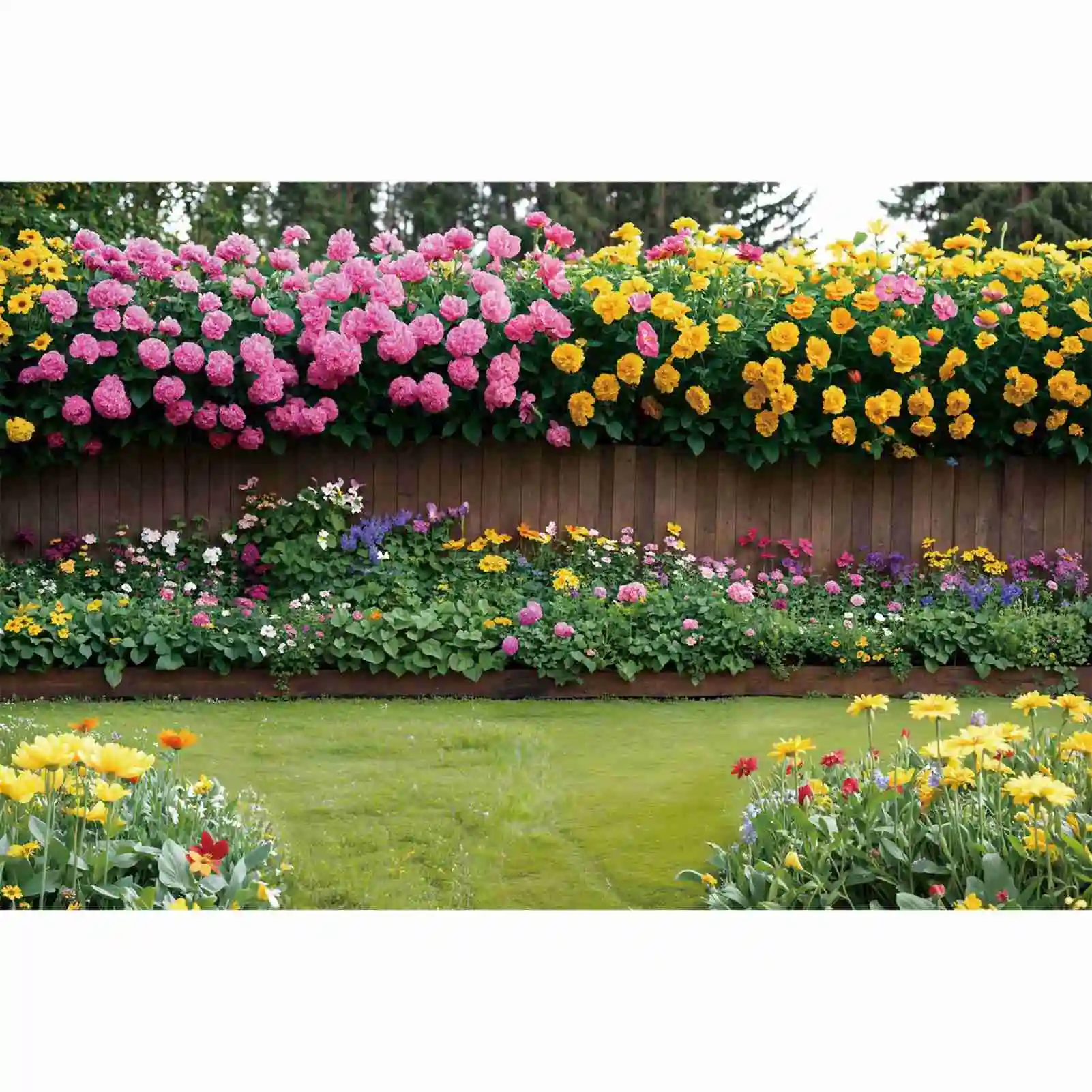 

Spring Party Flowers Garden Backdrops Photography Wooden Plank Fence Wall Grassland Blossom Custom Children'S Photo Background