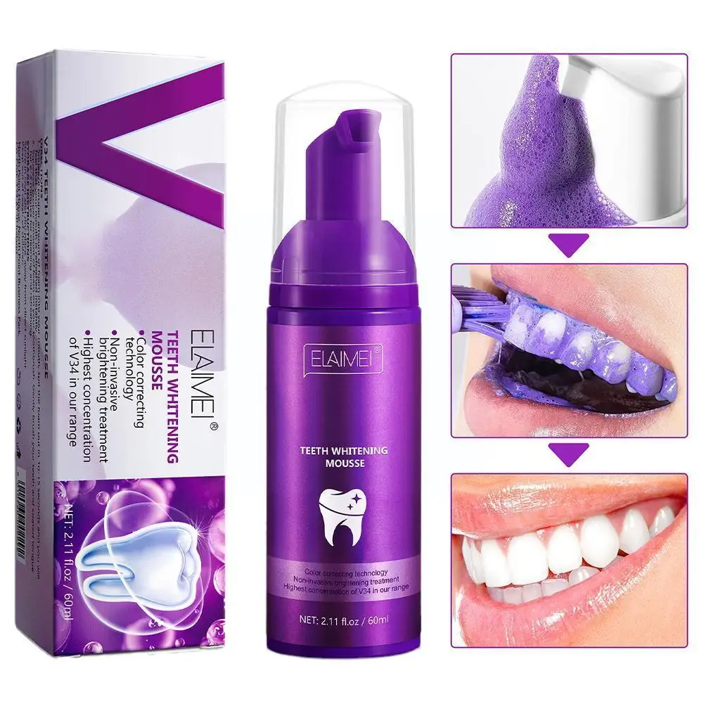 

60ml Purple Teeth Whitening Mousse Deep Cleaning Tooth Breath Yellow Plaque Stains Toothpaste Long-lasting Cigarette Fresh D6R6