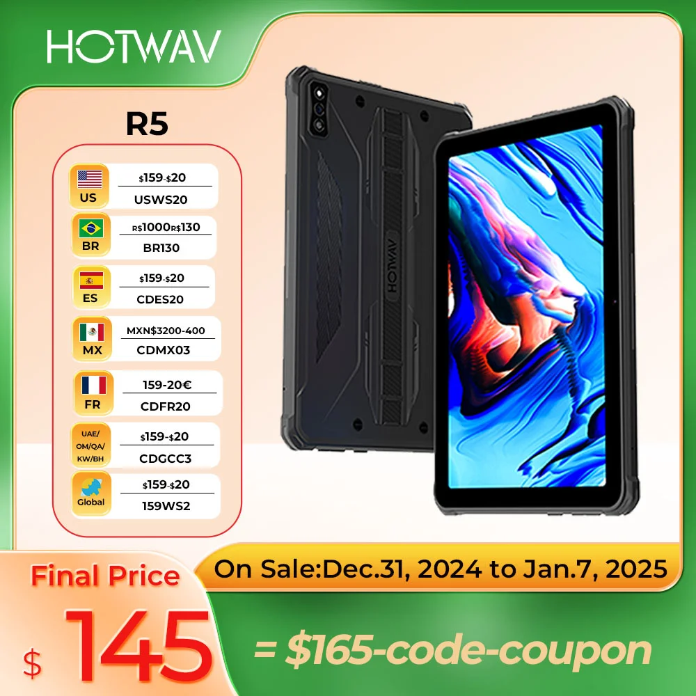 Фото Прочный планшет HOTWAV-R5, Android 12, 15600 мАч, 10,1-дюймовый HD, мини-планшет, 4 ГБ 64 ГБ, восьмиядерный процессор, 16 МП, Dual SIM, GPS, глобальная версия №1