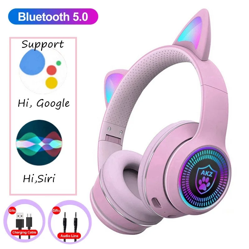 

AKZ-K27 Cat Ear RGB Glowing Wireless Bluetooth Headphones With Mic Stereo Music Headset for Cell phone Children Gift TF Card